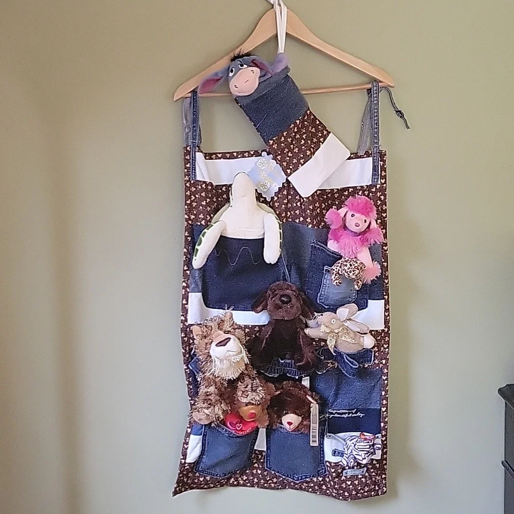 HAND CRAFTED Organizer UPCYCLED Blue Denim Pocket Brown Floral Hanging 29 X20 In